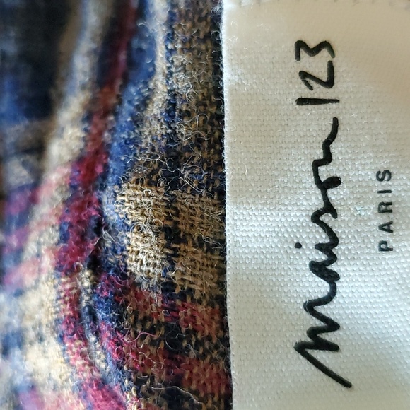 Maison 123 Plaid Burgundy Blue Ruffle Wool Blend Blouse Size Medium - Picture 11 of 15